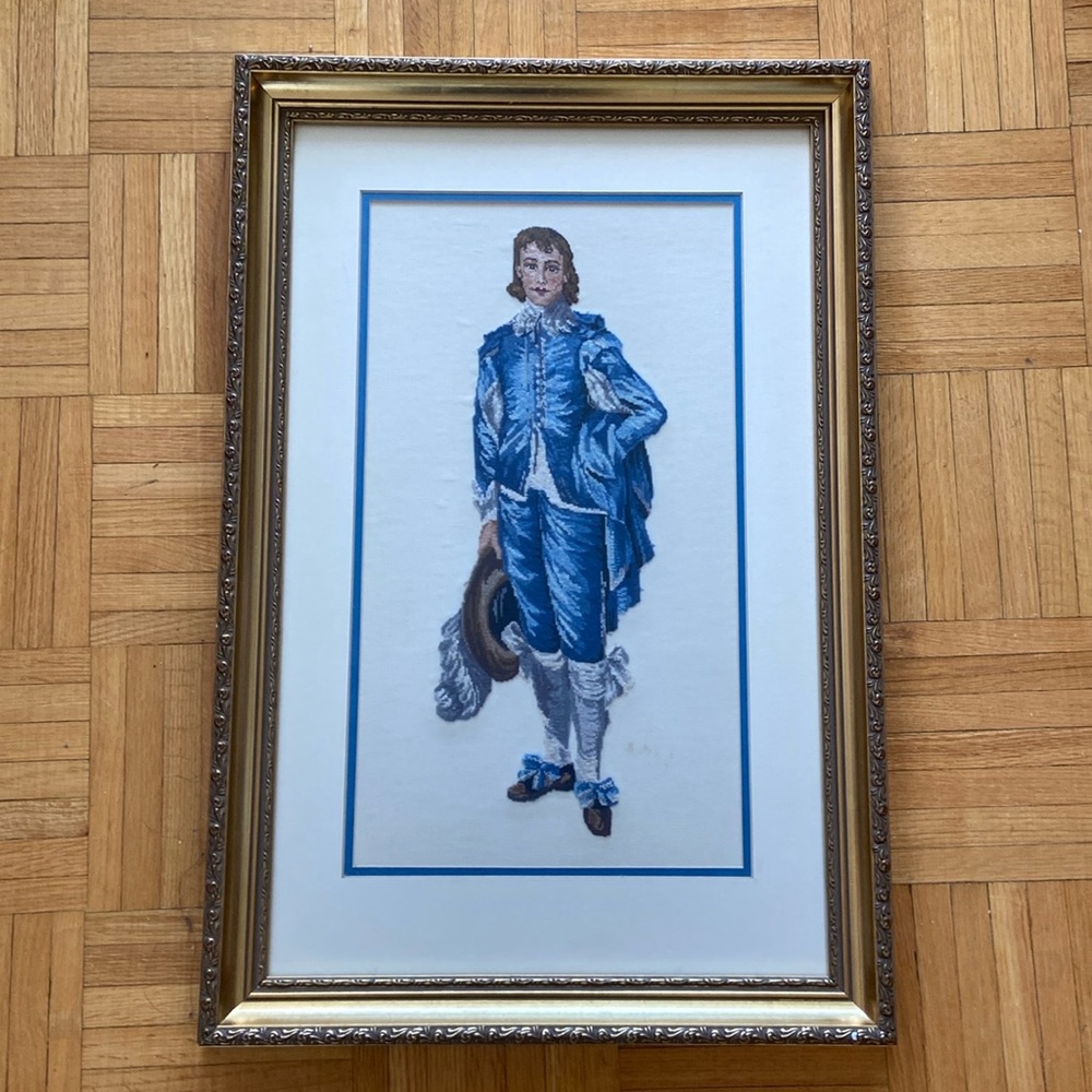 Vintage Blue Boy Needlepoint Art Matted and Framed